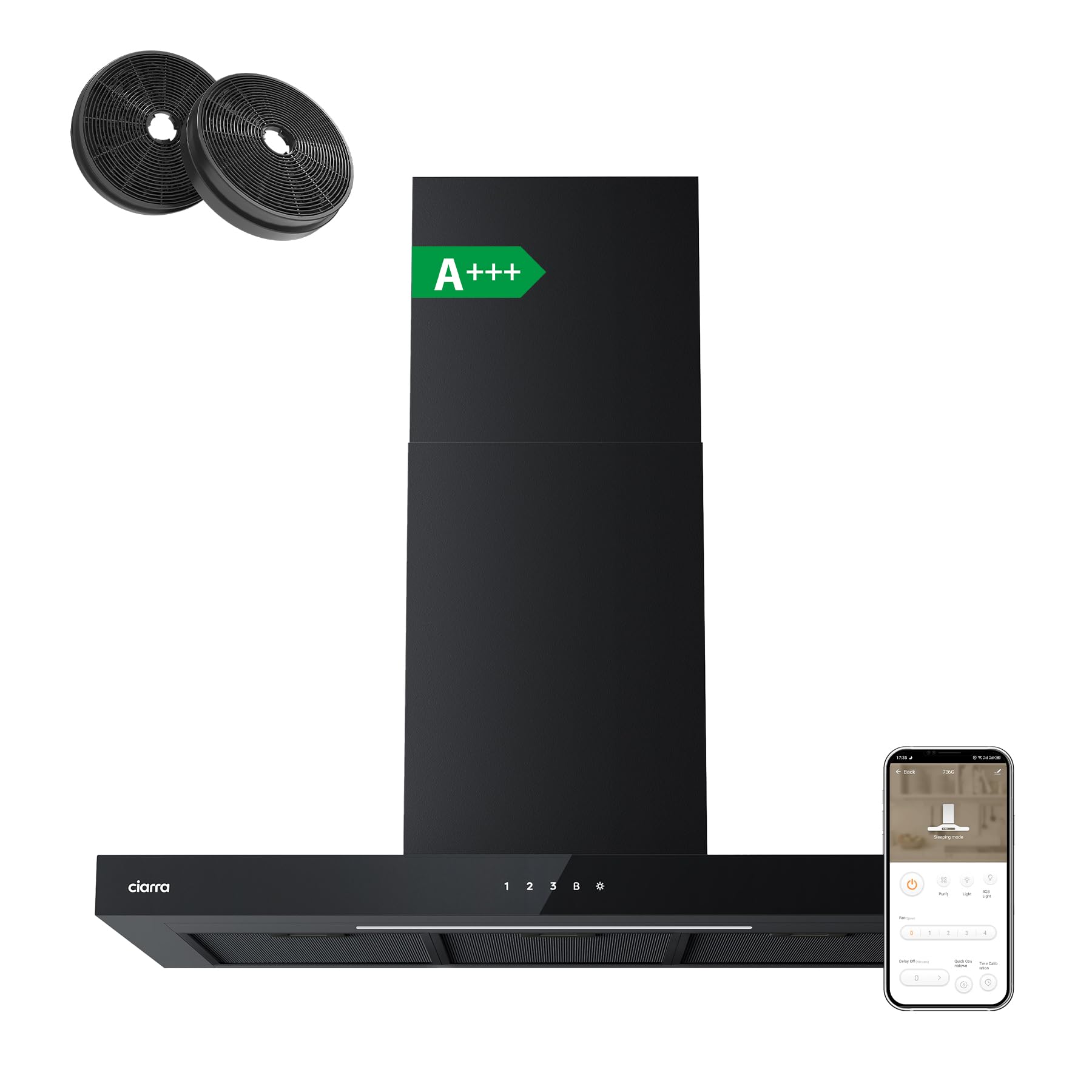 CIARRA A+++ CBCB9102 - Cappa aspirante 90 cm, con applicazione touch, 650 m³/h, 4 livelli Filtro Carbone