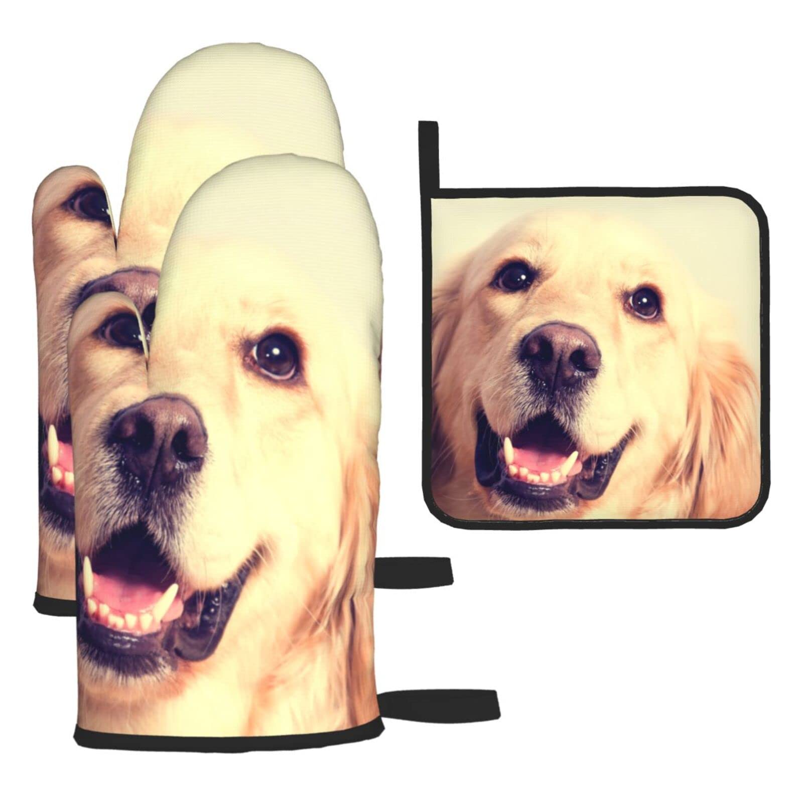 Lovely Golden Retriever Dog Printed Kitchen Baking Three-Piece Heat-Resistant Thick Cotton Oven Gloves for Cooking and Baking.