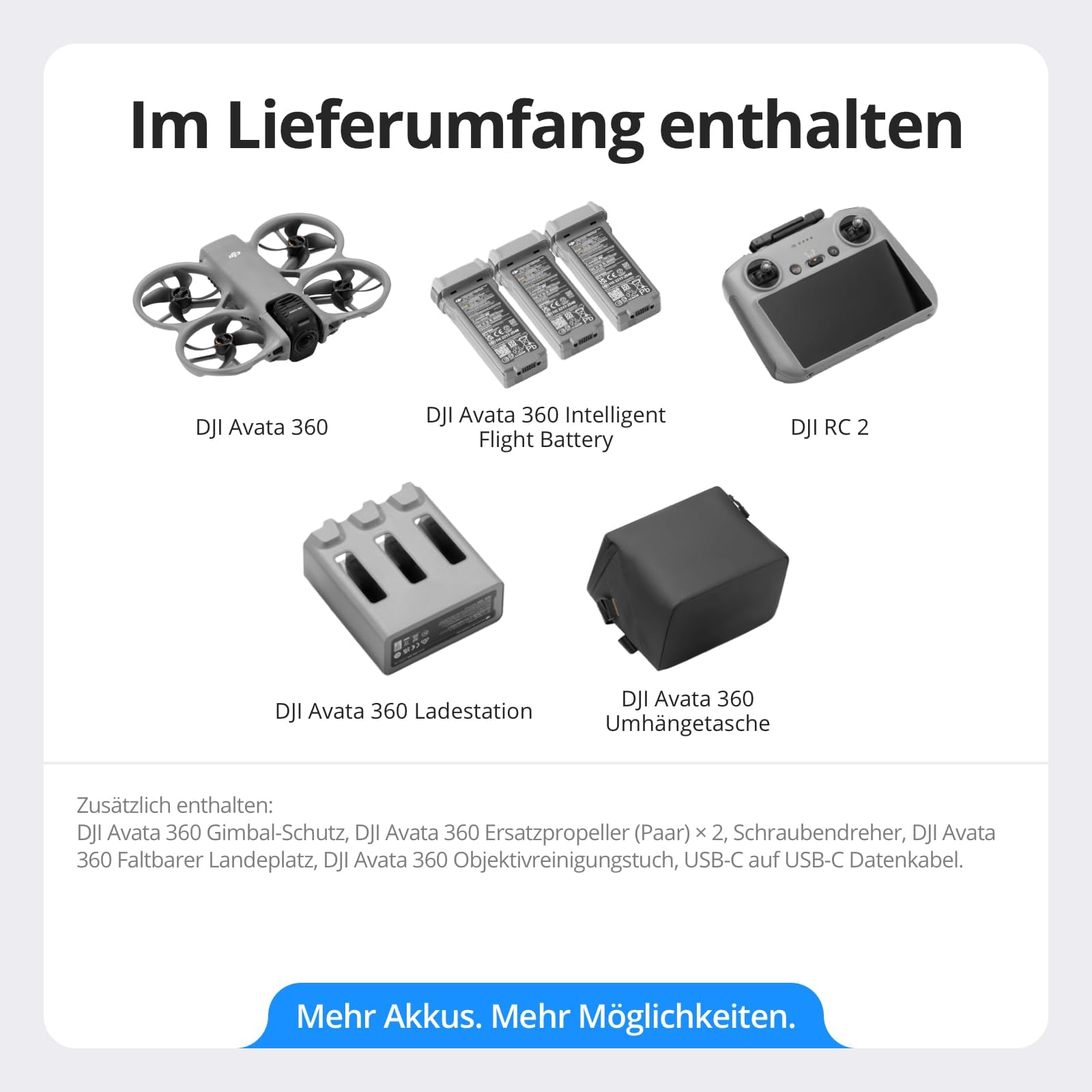 DJI Avata 360 Fly More Combo (RC 2) mit Zubehör, 360°-Drohne mit 1-Zoll-8K-Imaging für FPV- und Luftaufnahmen, 360°-Kameradrohne mit Propellerschutz, 3 Akkus (Mehrere Zubehörteile Bundle)