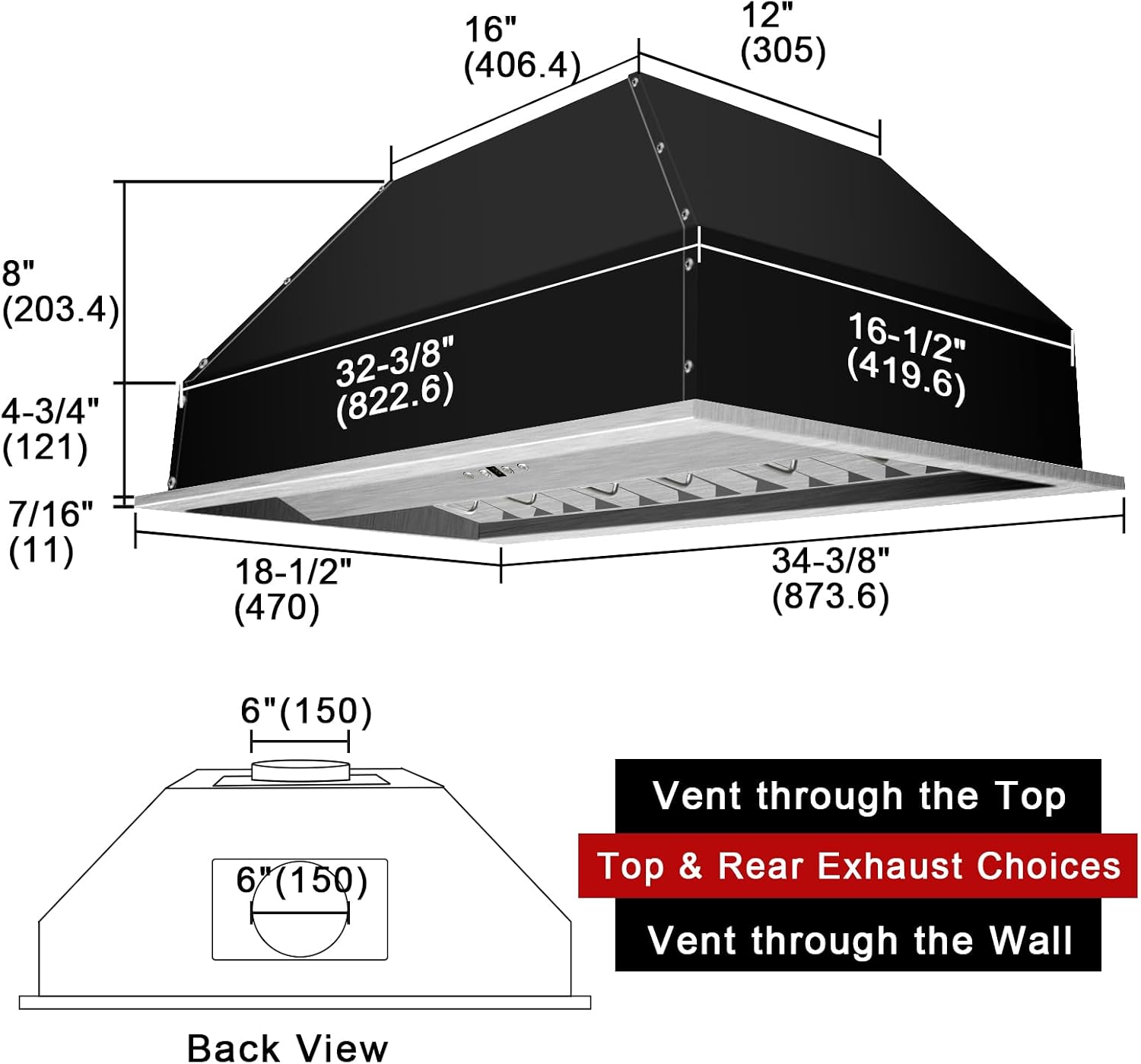 Akicon Range Hood Insert 36 Inch, Ultra Quiet, Powerful Suction Built-in Kitchen Vent Hood, Stainless Steel Ducted Stove Hood with Dimmable LED Lights, 3-Speeds 600CFM