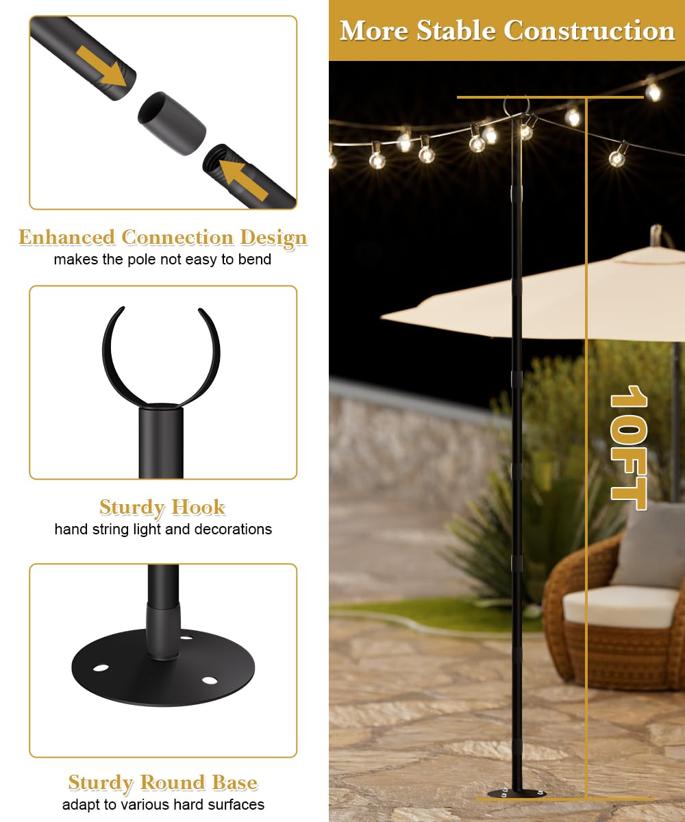 3 m lange Lichterkette für harte Oberflächen, Außenlichtständer für Hinterhof, Garten und Terrasse, Partybeleuchtung, robuste Metallstangen mit wasserdichter Oberfläche, rostfrei und