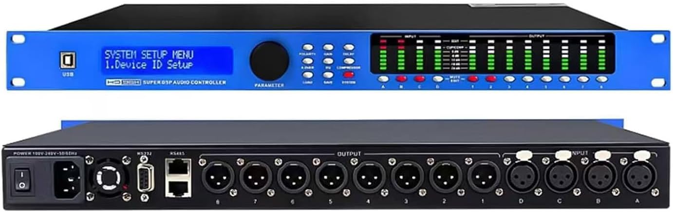 COYEUX Professional Audio Processor, 4-In/8-Out, All-in-One Matrix System with 31-Band Equalizer, Crossover, Mixer, with LCD Screen and Level Indicator, Can Set Via a PC, for Studio