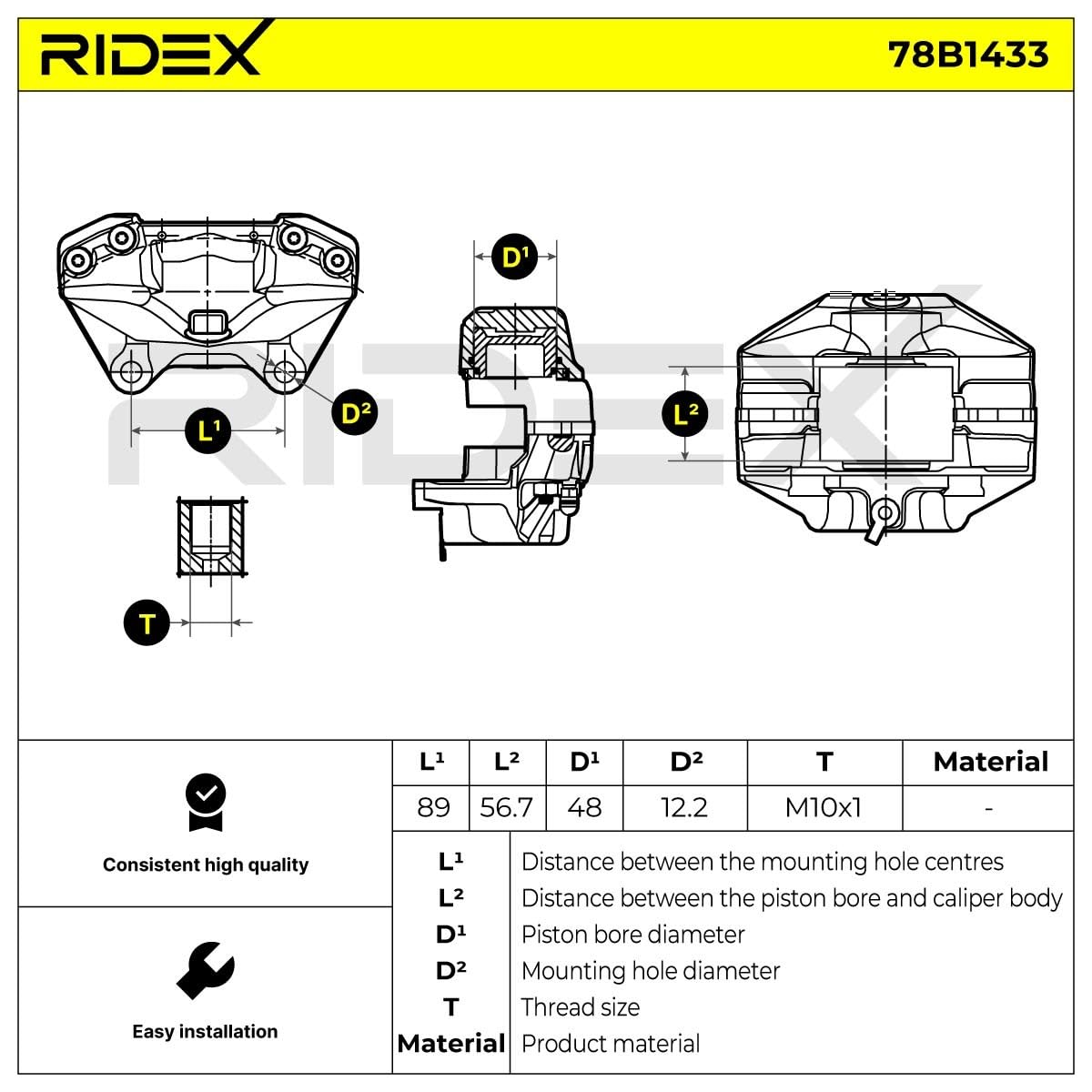RIDEX 78B1433 Pinza de freno Delantero Izquierda Delantero con pistón sin bastidor de soporte con bastidor de soporte Compatible con PORSCHE 911
