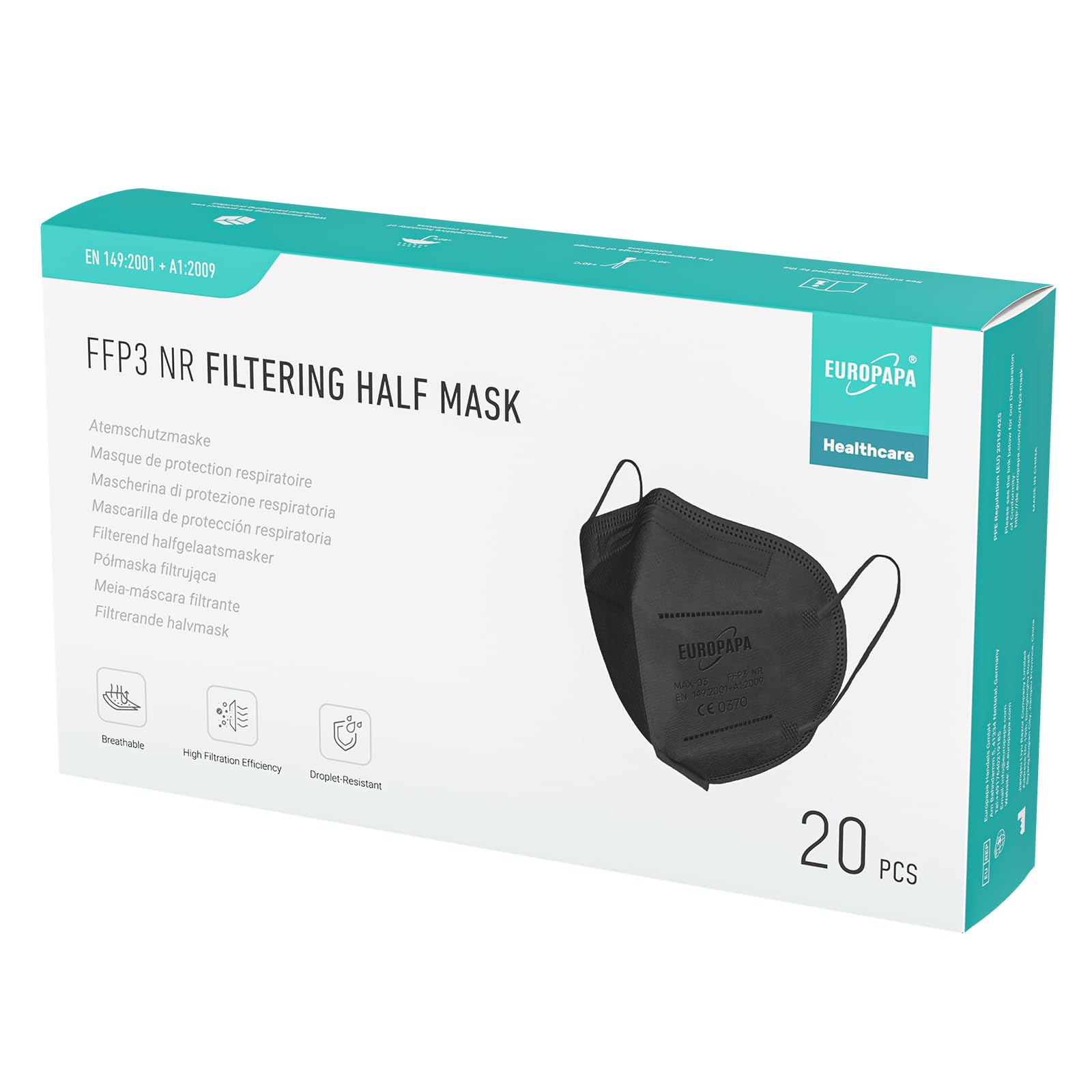 EUROPAPA® 20x Masques Noirs FFP3 Masque Respiratoire Masques Anti-PoussiÈRe 5 Couches HygiÉNique Corps EmballÉ Individuellement CertifiÉ EN149:2001+A1:2009 Masque Facial EU2016/425