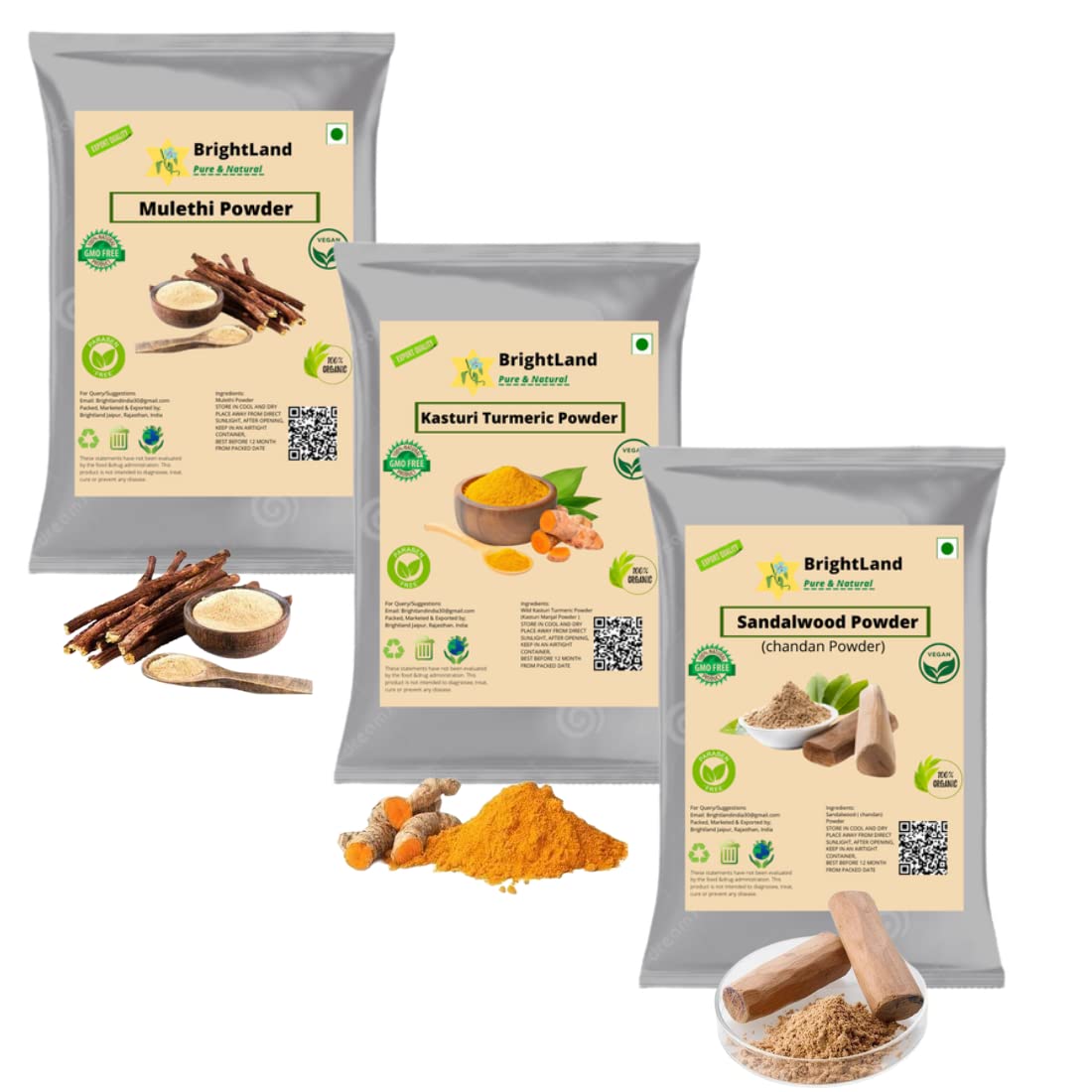 Brightland Pure Mulethi Powder, Wild Kasturi Turmeric Face Pack Powder & Sandalwood Face Pack Powder (100gm Each) 300gm