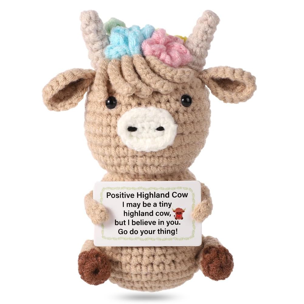 Highland Cow Crochet,Emotional Support Moo,Mini Funny Positive Cow,Creative Cute Crochet Doll,Handmade Knitted Crochet Cow With Encouraging Card Suitable As an Inspirational Gift for Friends Etc