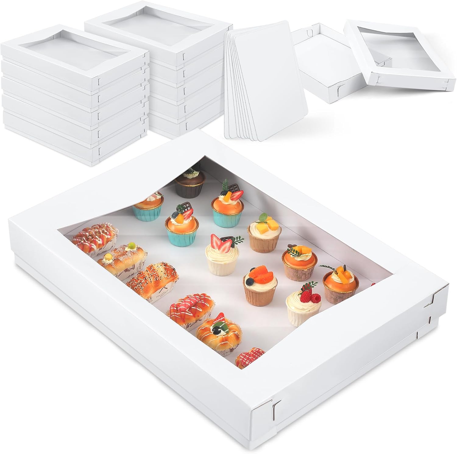 10 Sets 26 x 18 x 4 Inch Full Sheet Cake Box with Window Include 10 Paperboard Cake Box Bottom 10 Bakery Top 10 Greaseproof Pad Corrugated Tray for Dessert
