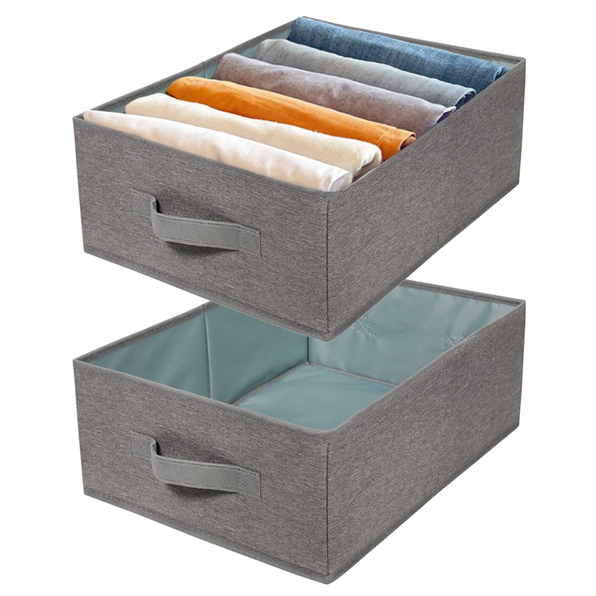QINGGENG Wardrobe Storage Organiser with Handles, 2 Pack Foldable Clothes Drawer Organiser for Jeans, Trouser, Underwear, Socks, Bras, Stackable Closet Storage Baskets, Grey