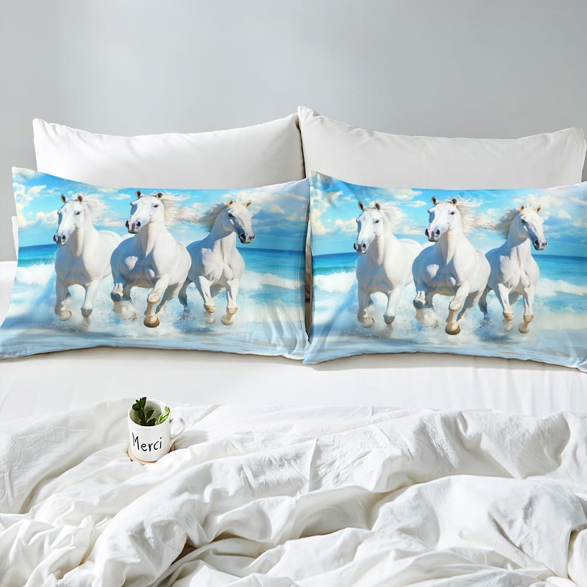 Horse Duvet Cover Toddler Size for Kids Boys Teens,Seaside Galloping Horse 2 Pieces Duvet Cover,Watercolor Blue Ocean Animal Soft Comforter Cover (Not Comforter),Elegant White Horses Quilt Cover