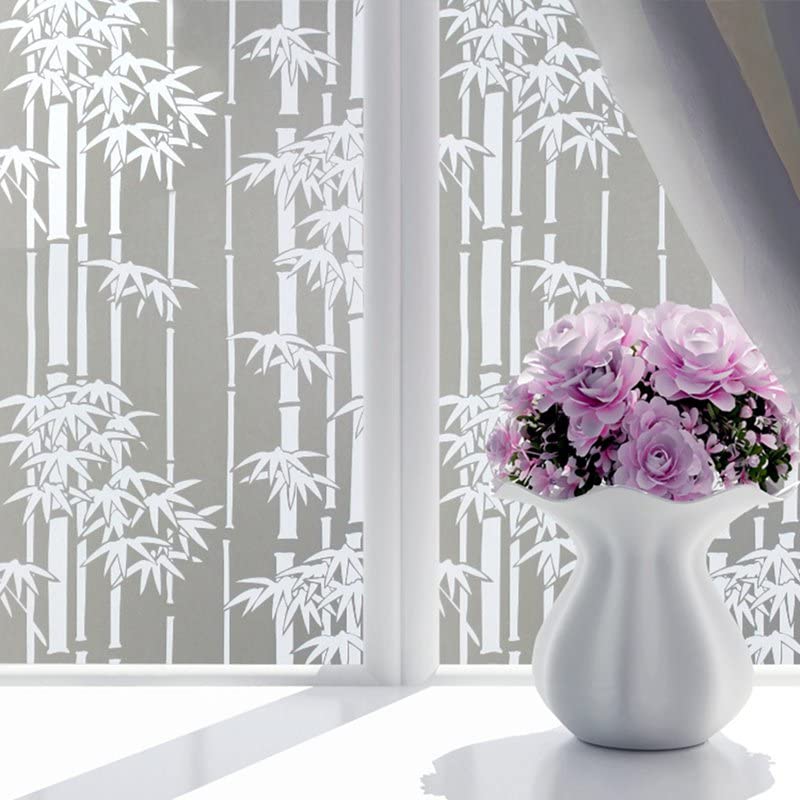 Image of WISDOM Privacy Window Film Frosted Glass Film Glass Film No Glue Anti-UV Window Sticker Non Adhesive for Privacy Office Meeting Room Bathroom Living Room (Bamboo Leaf Frosted, 12 x 100 inch)