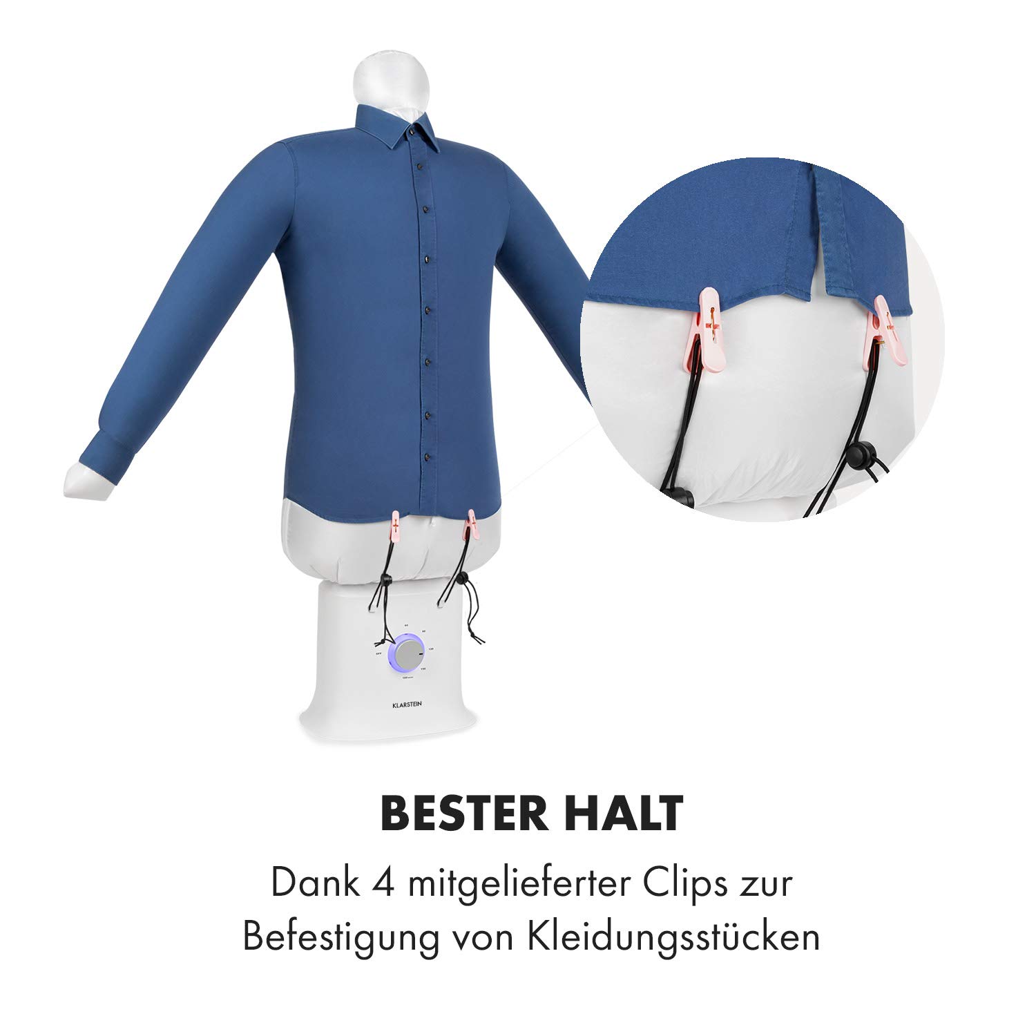 Klarstein ShirtButler Deluxe automatisches Trocken- und Bügelgerät, 2-in-1: Trocknen und bügeln, 1250 W Sicherheits-Heizer, HotAir Tension-Technologie, Timer: 0-180 Min. Material: Oxford-Nylon, weiß