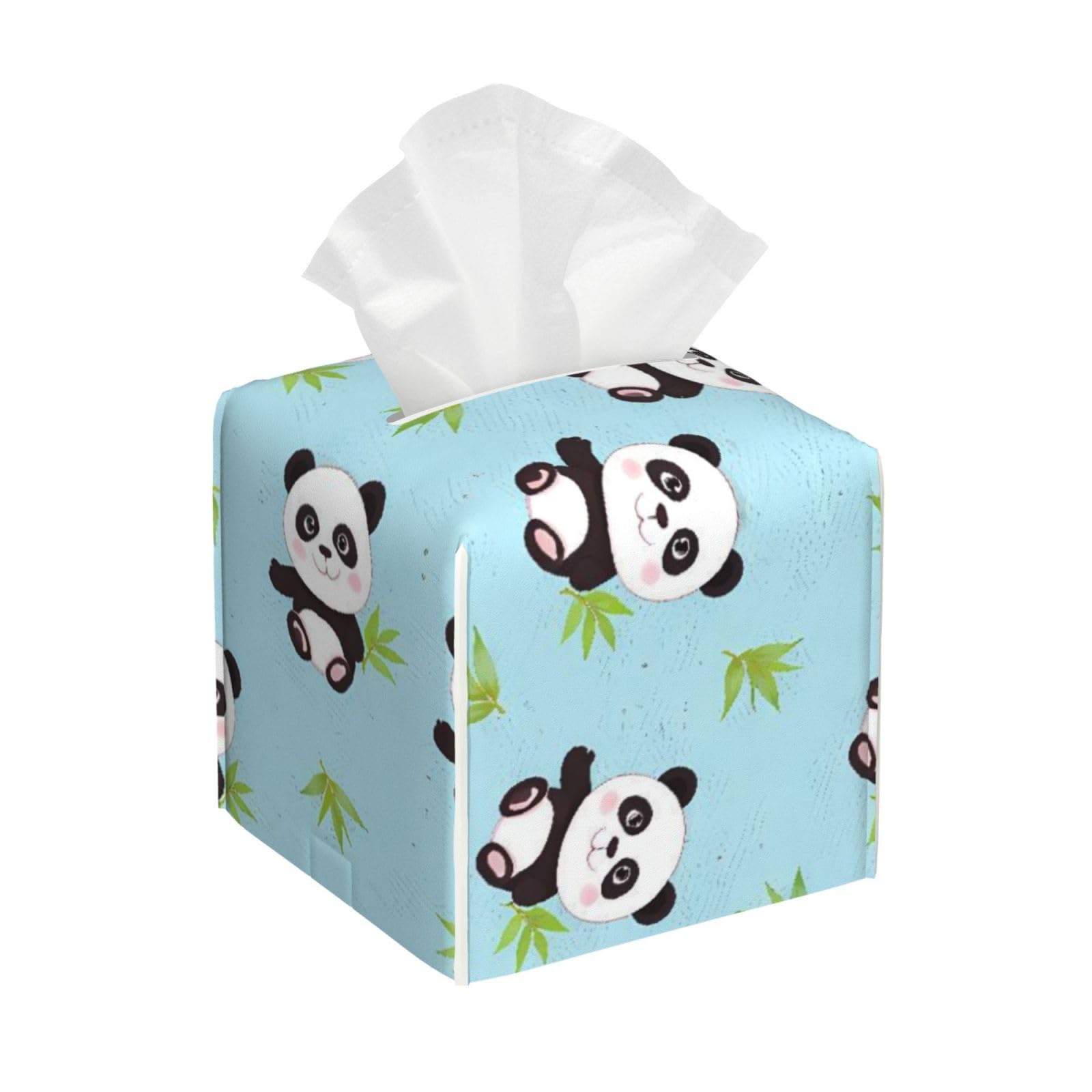 Cute Panda Leather Tissue Box Cover Holder Square Facial Paper Organizer 5.2" X 5.2" X 5.2"