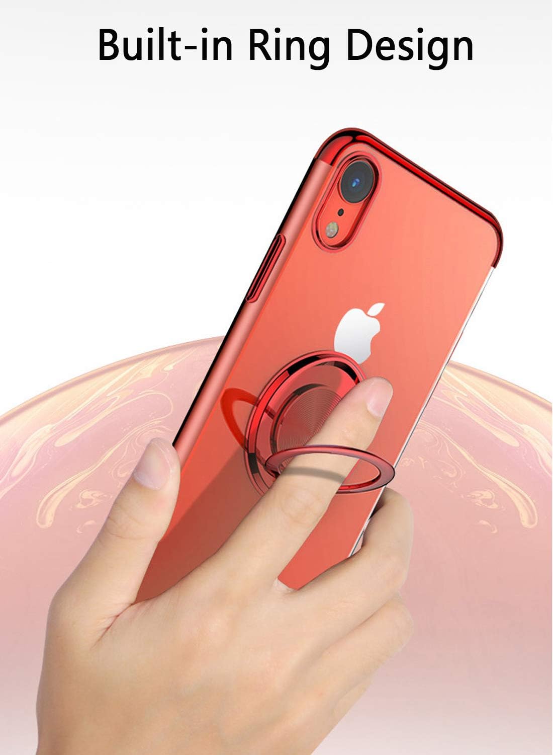 Ownest Compatible with iPhone XR Case with Built-in 360 Rotatable Ring Kickstand Fit Magnetic Car Mount and Transparent TPU Protective for iPhone XR Case-Red
