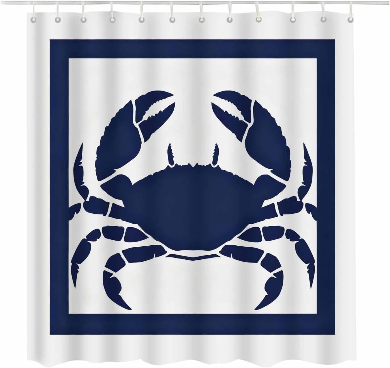 Crab Shower Curtain Blue and White Icon Marine Theme Fabric Bath Curtain Bathroom Printing Decor Set with 12 Hooks Standard Size 72×72 Inch