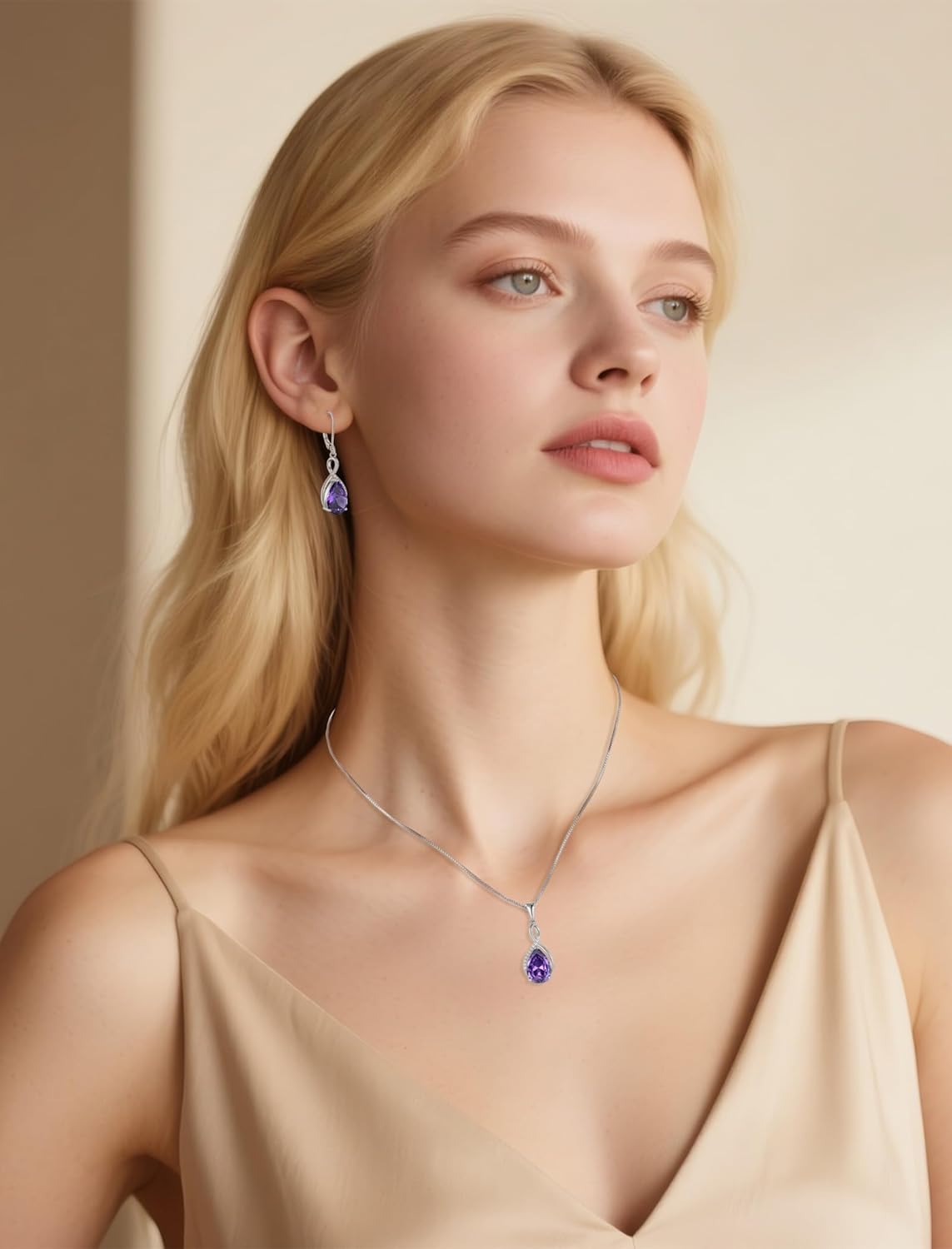 Amethyst Jewelry Set for Women 925 Sterling Silver February Birthstone Necklace Infinity Dangle Drop Leverback Earrings Jewelry Gifts for Her - Image 4
