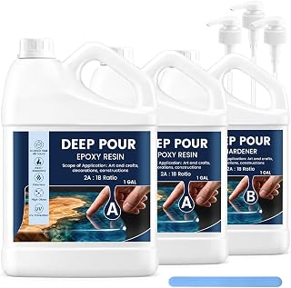 Deep Pour 에폭시 수지, 11.4L(3갤런) 액체 유리 에폭시 수지 키트 - 2:1 혼합 비율, 기포 방지 및 빠른 경화 및 슈퍼 클리어 액체 유리, 강 테이블, 테이블 탑, 목재 필러, DIY 공예용 (11.6L(3갤런)