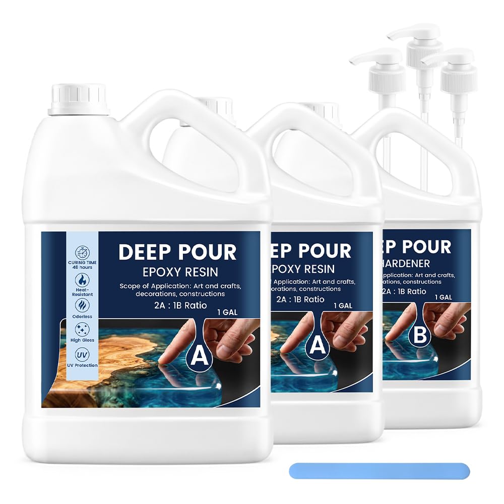 Deep Pour Epoxy Resin, 3 Gallons Liquid Glass Epoxy Resin Kit - 2:1 Mix Ratio, Bubble Free & Fast Curing & Super Clear Liquid Glass for River Tables, Table Tops, Wood Filler, DIY Crafts (3 Gallons)