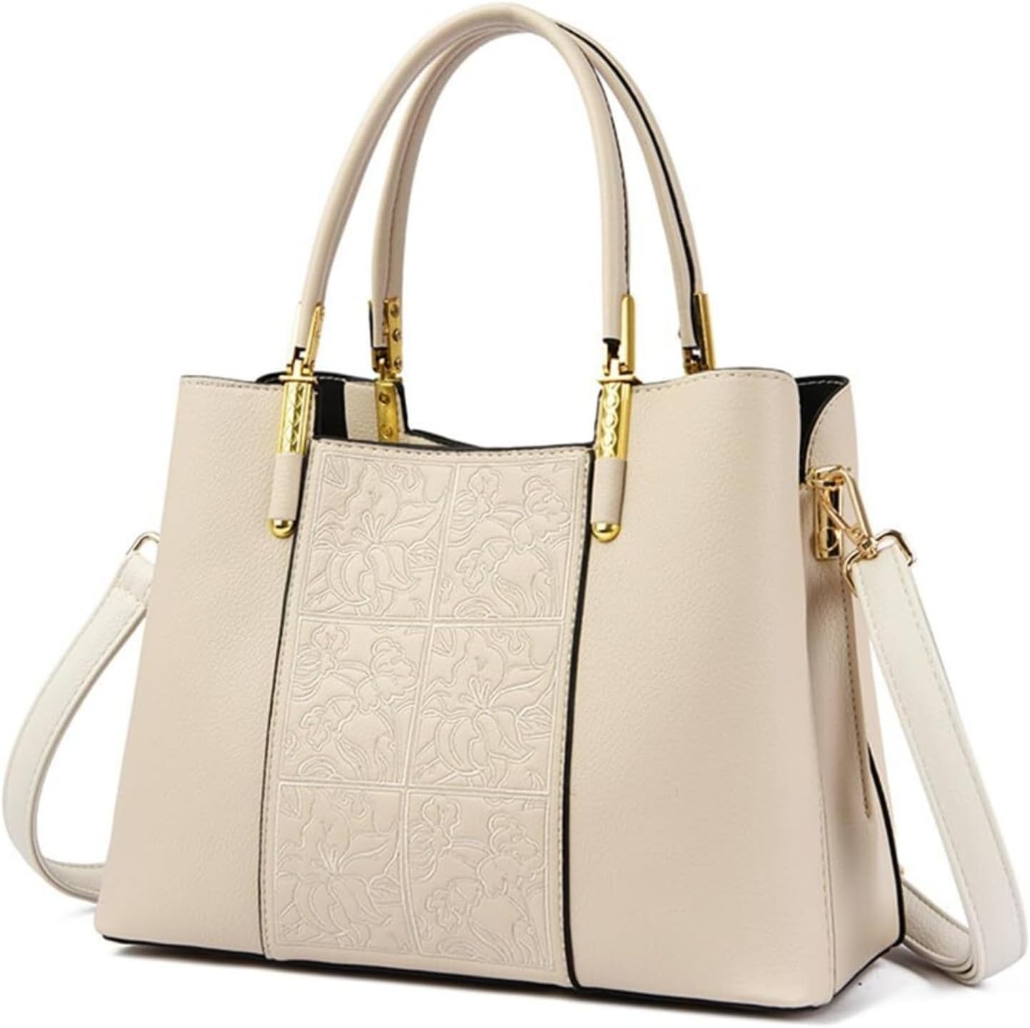本革刺繍入りトップハンドルクロスボディバッグ（レディース） 大型トートショルダーサッチェルハンドバッグ(A1 White)