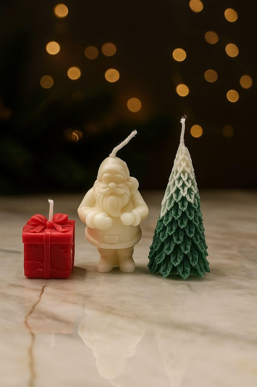Christmas Candle Set of 3 | 100% Soy Wax | Santa, Tree & Gift Box