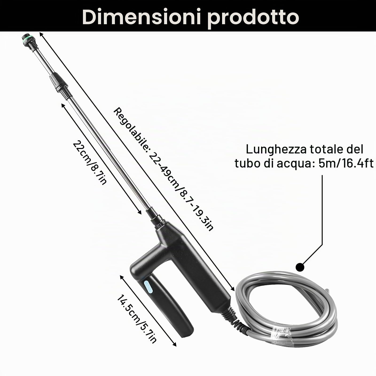 Spruzzatore elettrico per piante, a batteria, ricaricabile e portatile, con asta telescopica da 23,6 pollici, tubo da 5 m e 3 ugelli per giardino, terrazza, prato ed erbacce