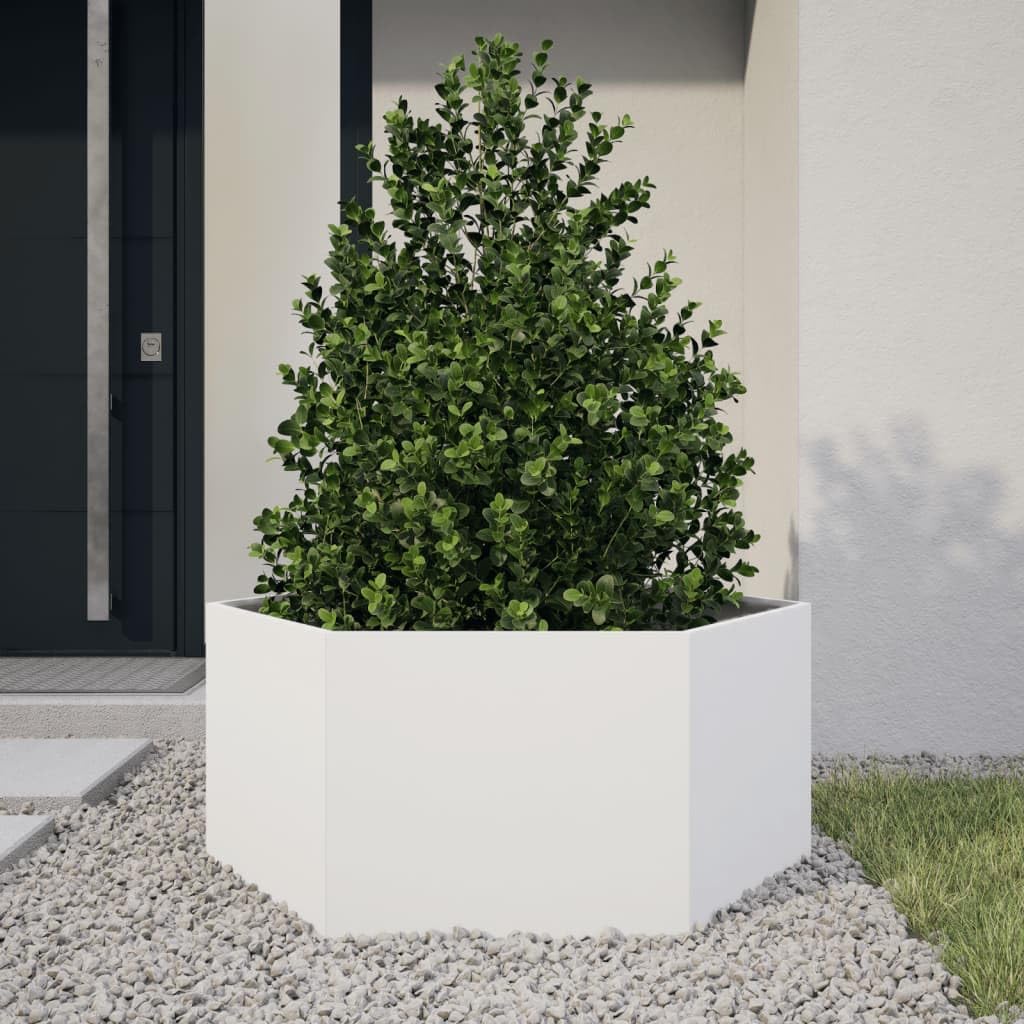 Macetero de jardín blanco hexágono 104 x 90 x 45 cm de acero, jardinera elevada, caja para plantas, resistente a la intemperie, bancal para el cultivo, hierbas, frutas, verduras y flores
