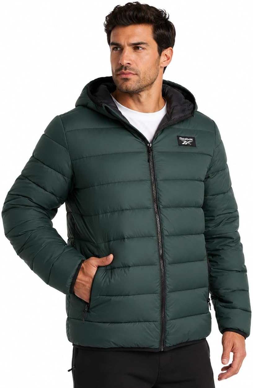 Reebok Mens Puffer Jacket Lightweight Hooded and Packable, Plus Size 2X-5X