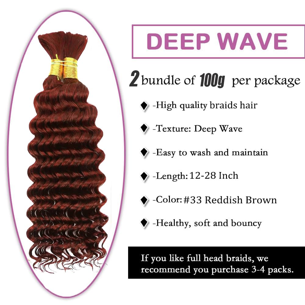 Tuheerst #33 Reddish Brown Color Boho Braiding Human Hair 32 32 Inch Deep Wave 50g/Bundle Total 100g Unprocessed Knotless Braids Human Hair Extension For Women - Image 3