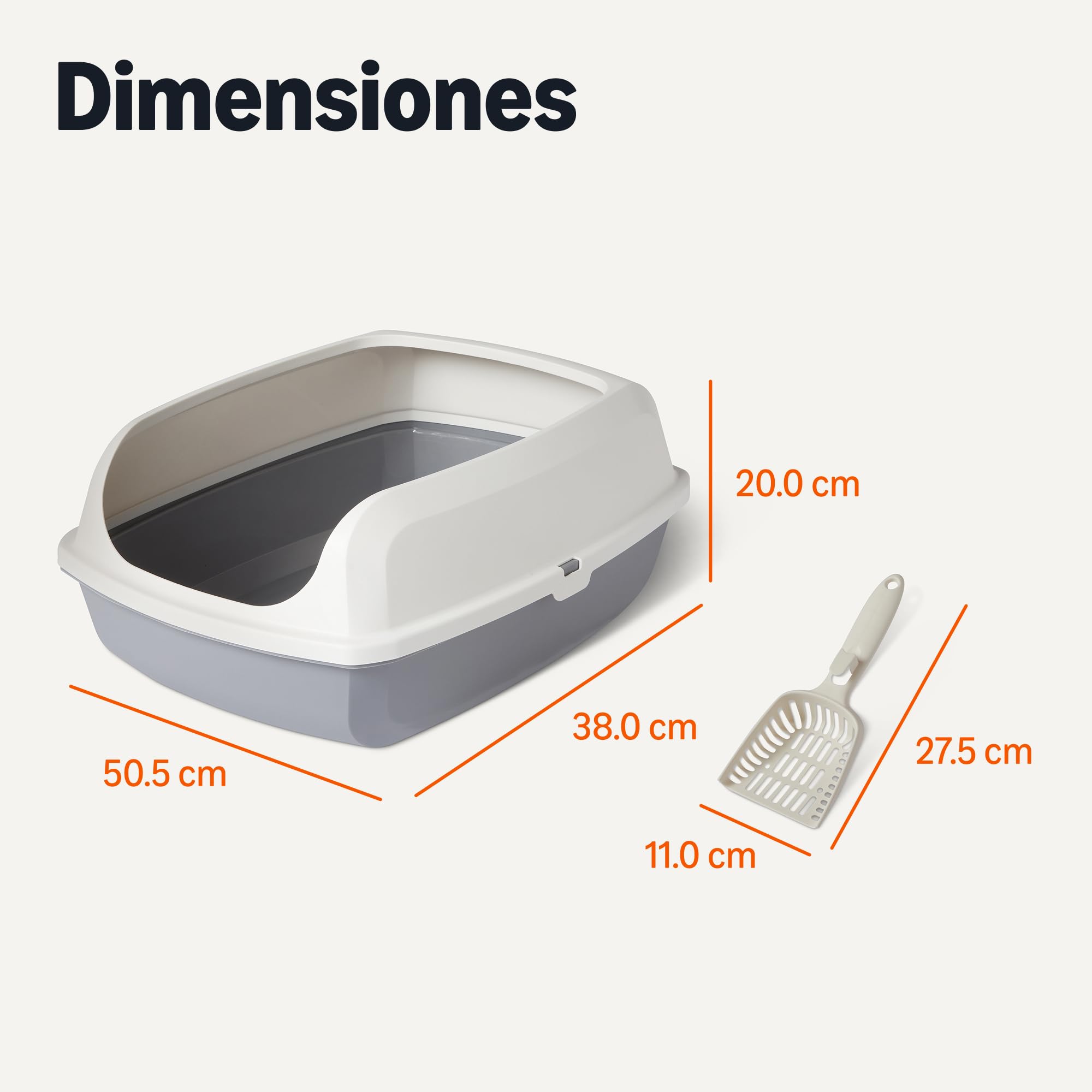Amazon Basics Arenero para Gatos, Alto y Abierto, Fácil de Limpiar, Incluye Recogedor, Blanco/Gris, 50,5 x 38 x 20 cm