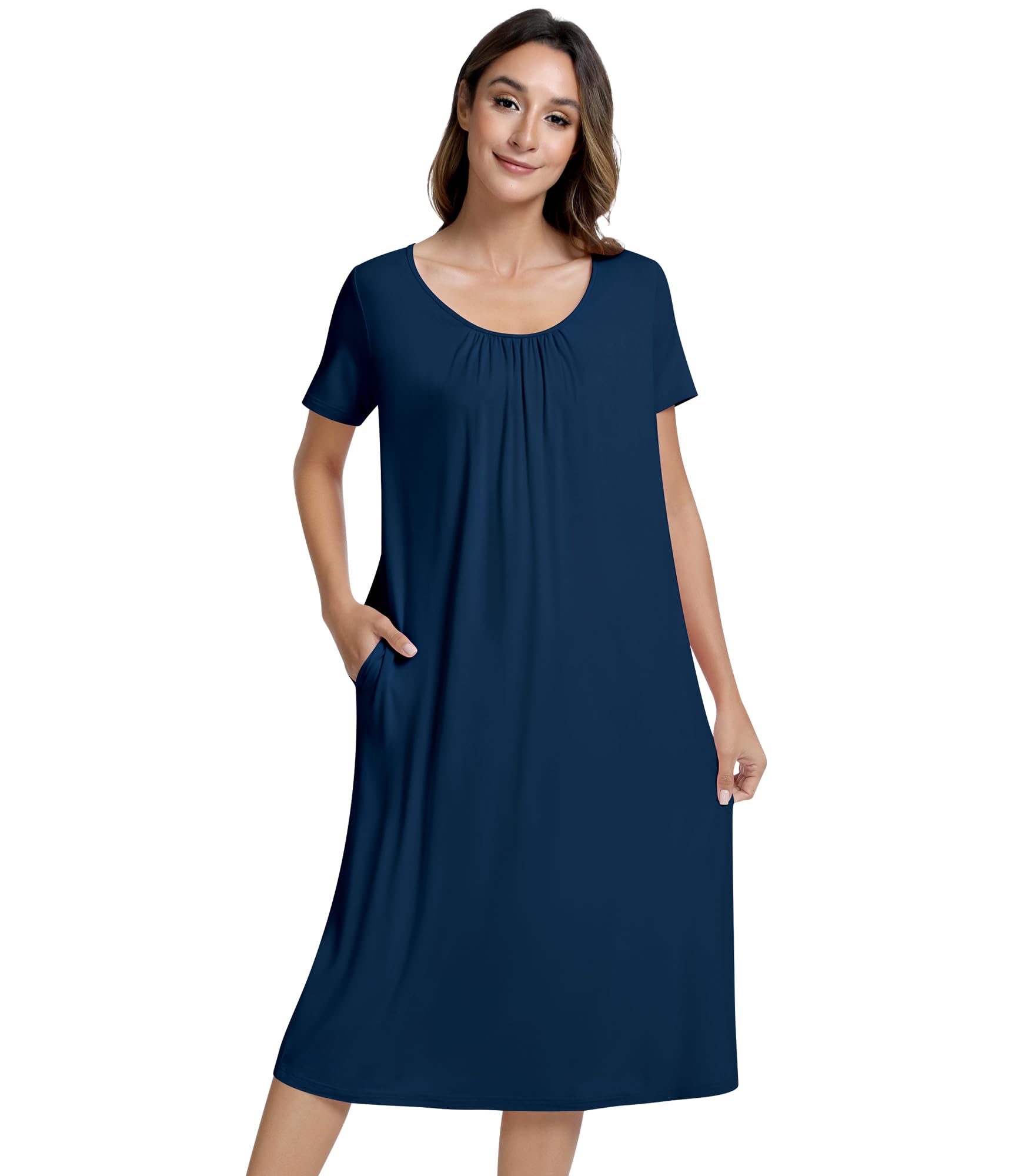 NACHILA Women's Nightgowns-Viscose Made from Bamboo,Short Sleeve Nightshirt Soft Sleep Shirts Cool Sleep Dress with Pockets