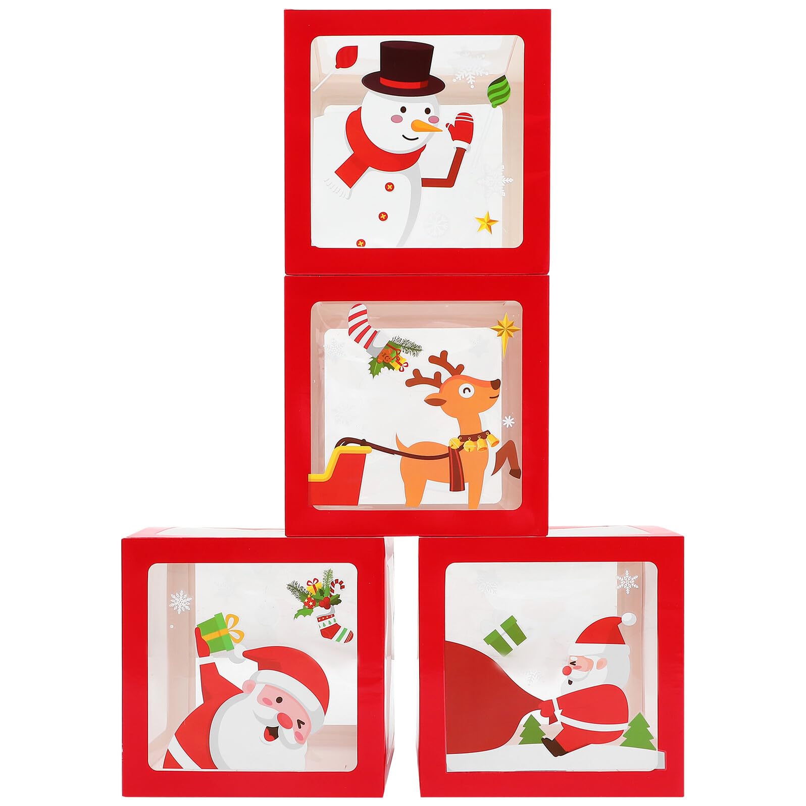 Christmas Balloon Box Set with 4 Xmas Balloon Display Boxes and 4 Static Cling Stickers for Party Decorations for Holiday Centerpieces and Festive Event Supplies