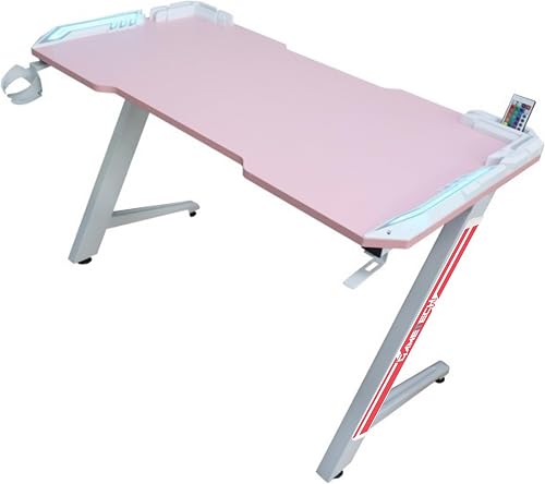 GameTech Z-Shaped Gaming Desk with RGB LED Lights, Pink, Computer Gaming Table