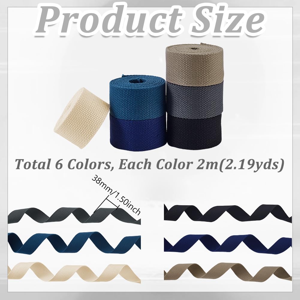 AHANDMAKER Cinghie in cotone pesante da 13 m, 6 colori misti, 3,8 cm, per manici di borse, borse tote, cinture di stoffa, arti e mestieri, per realizzare forniture all'aperto