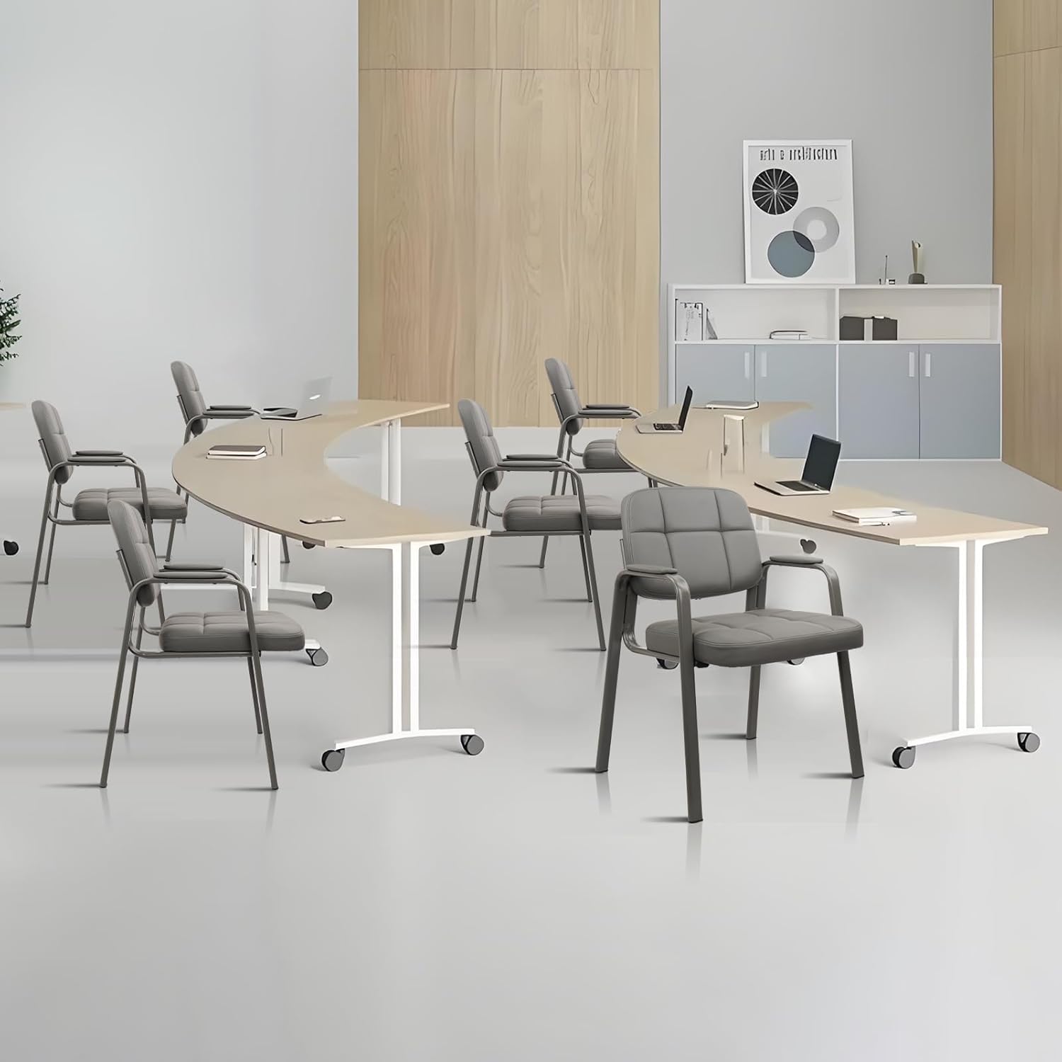 CLLATINA Waiting Room Chairs with Padded Arms Leather Guest Chair no Wheels for Office Reception and Conference Desk Gery, 2PK