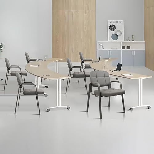 Miniatura 9 de CLATINA Juego de 4 sillas de cuero para oficina, sala de espera, sillas de recepción, sin ruedas, con reposabrazos y soporte de madera, sillón de