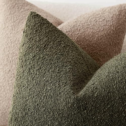 Image of Foindtower Set of 2, Decorative Textured Boucle Throw Pillow Covers Accent Solid Pillow Cases Neutral Soft Cozy Couch Cushion Case for Chair Sofa Bedroom Living Room Home Decor 24x24 Inch Moss Green