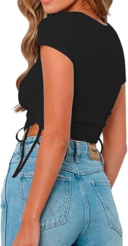 Miniatura 4 de LINENVI Camiseta básica de manga corta con cordón lateral fruncido y cuello redondo para mujer