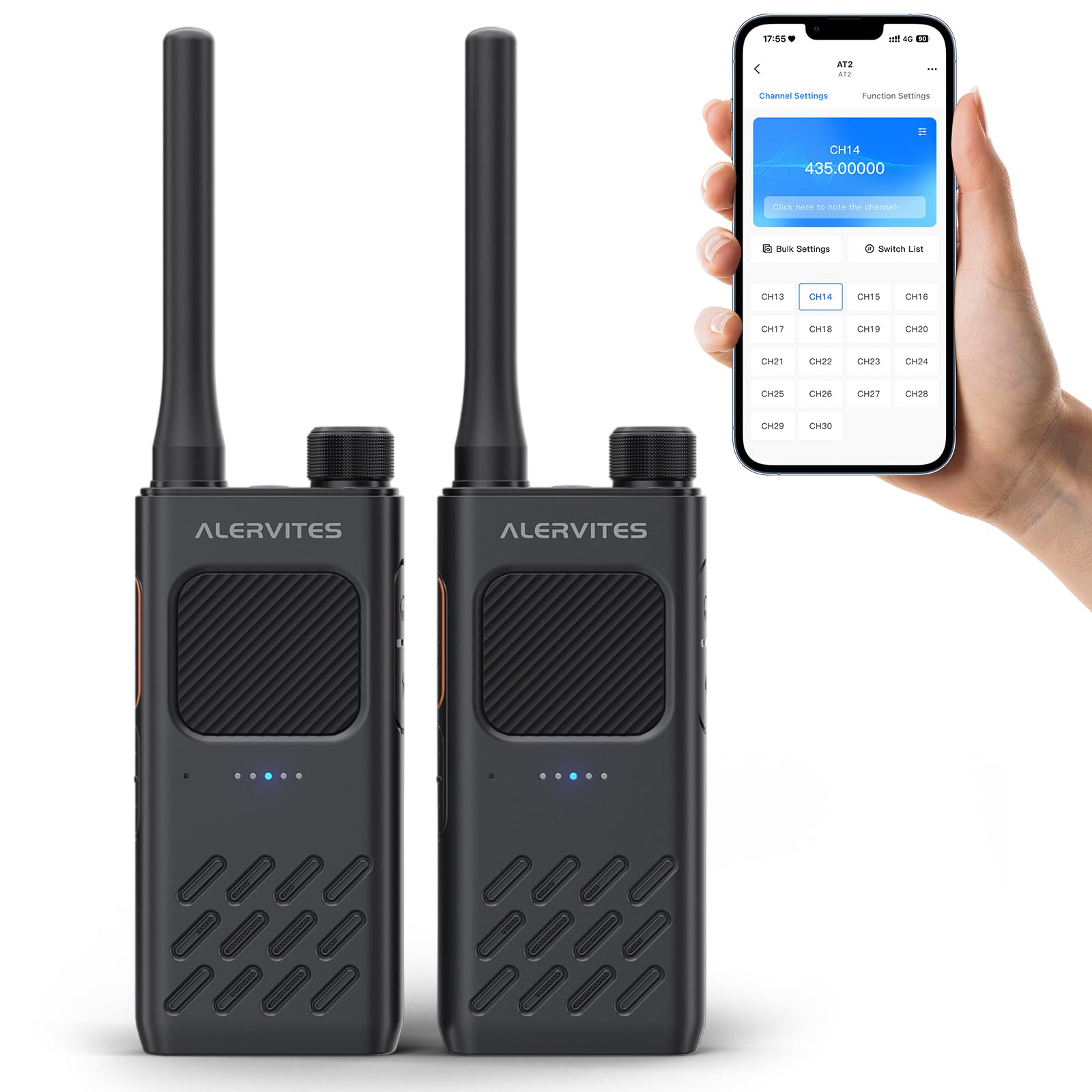 AT2 Walkie Talkie UHF con Messaggistica Off-Grid (Testo e Foto), Programmazione App Wireless, Doppio PTT, 30CH, Batteria 2200mAh, USB-C, Clone Radio, Sync Canale, Outdoor/Emergenza, 2 Pezzi