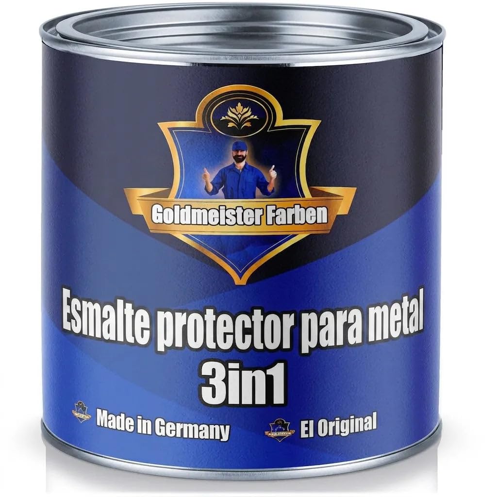 Farben pintura para metal exterior 3en1 pintura para metal 3-en-1 protección Interiores y Exteriores Hierro Zinc Aluminio Acero (1 L, Blanco Grisáceo (RAL 9002)) Goldmeister