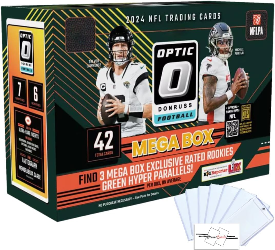 2024 Donruss Optic Football Mega Box (Green Hyper) with 42 Trading Cards + 6 Toploaders + Magnetic Holder and StreetCards Magnet!