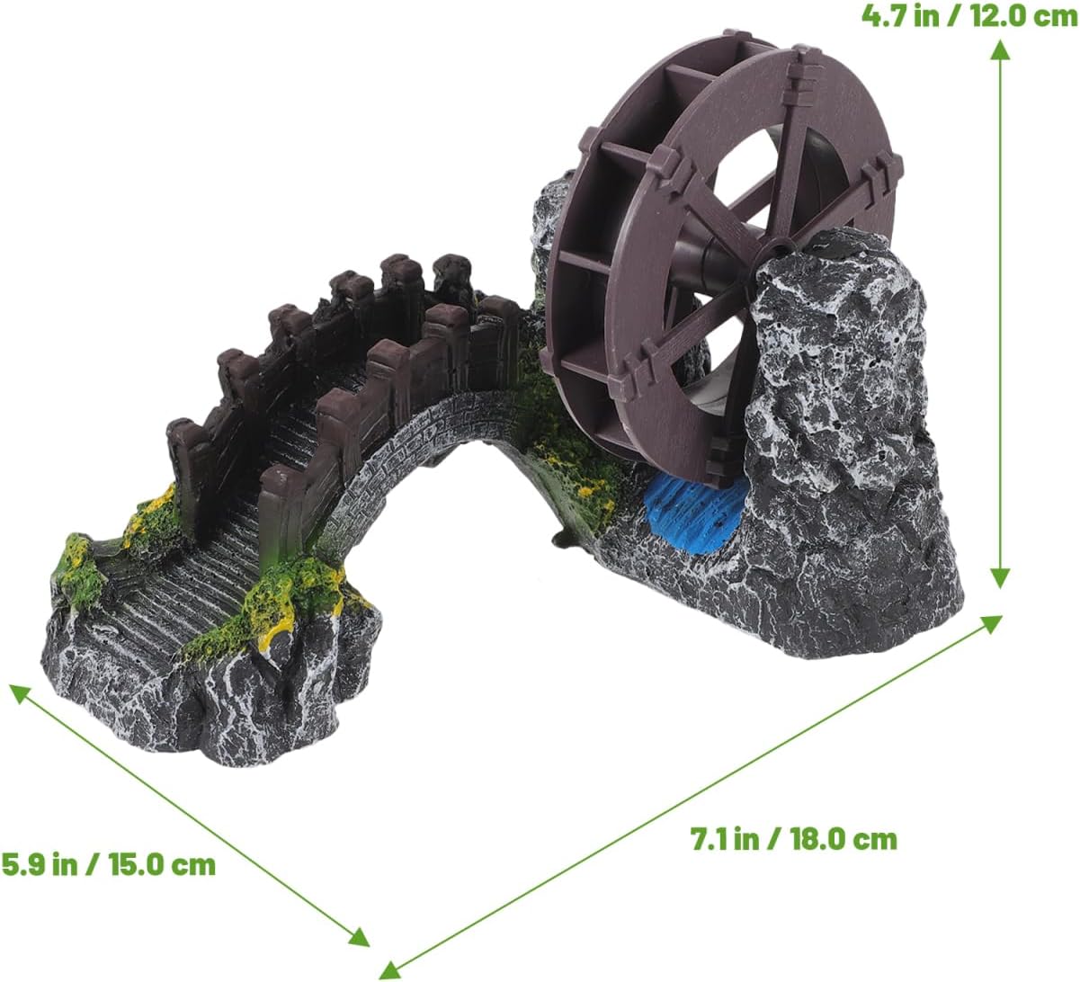 Yardwe Windmill Water Wheel Oxygen Pump 7.08X5.90X4.72In Mini Aquarium Decoration Resin Fish Tank Bridge Ornament for Indoor Outdoor Garden Pond