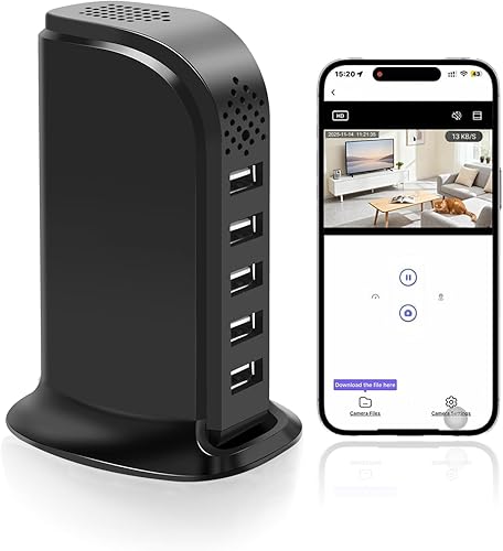 Cámara de seguridad espía oculta WiFi, cargador USB, FHD 1080P inalámbrica para interiores, cámara oculta para el hogar, 5 puertos de carga para