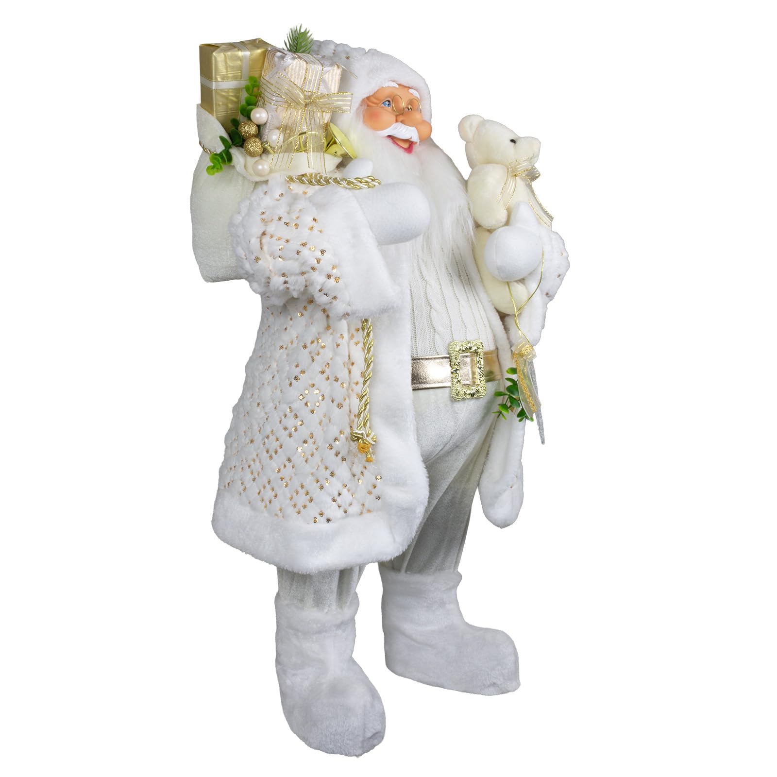 Statua in piedi di Babbo Natale | Santa Claus | Nikolaus | Figure natalizie da esposizione (Bianco-Oro con orsacchiotto, 80 cm)
