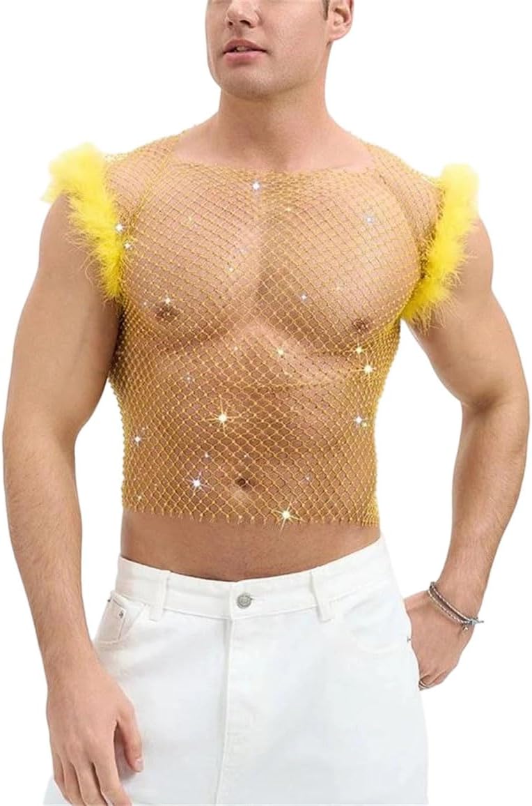 Men Tank Top Rhinestone Mesh Sleeveless Hollow Stage Performance Vest