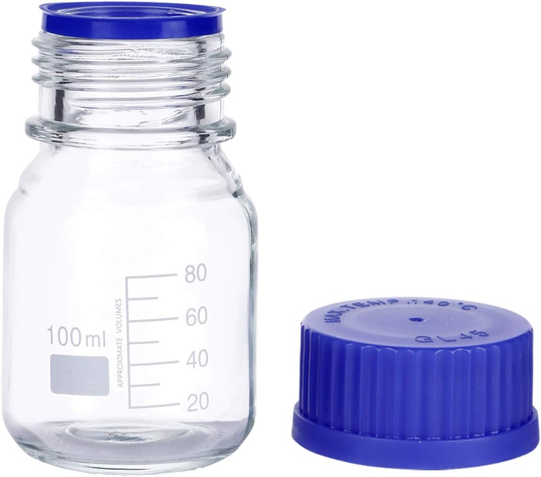 Moonetto 20 Pieces 100ml Graduated Round Media/Storage Glass Bottle With GL45 Blue Polypropylene Screw Cap