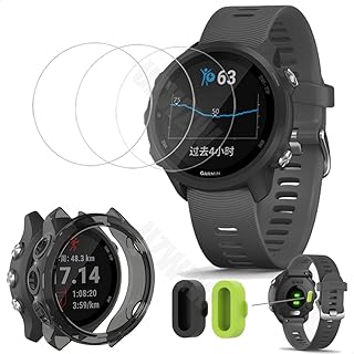 (3+2+1) for Garmin Forerunner 245 Music/Forerunner 245 Smartwatch (3pack) Tempered Glass Screen Protectors + (2pcs) Charger Port Anti-Dust Plugs + (1pcs) Protective TPU Case Cover