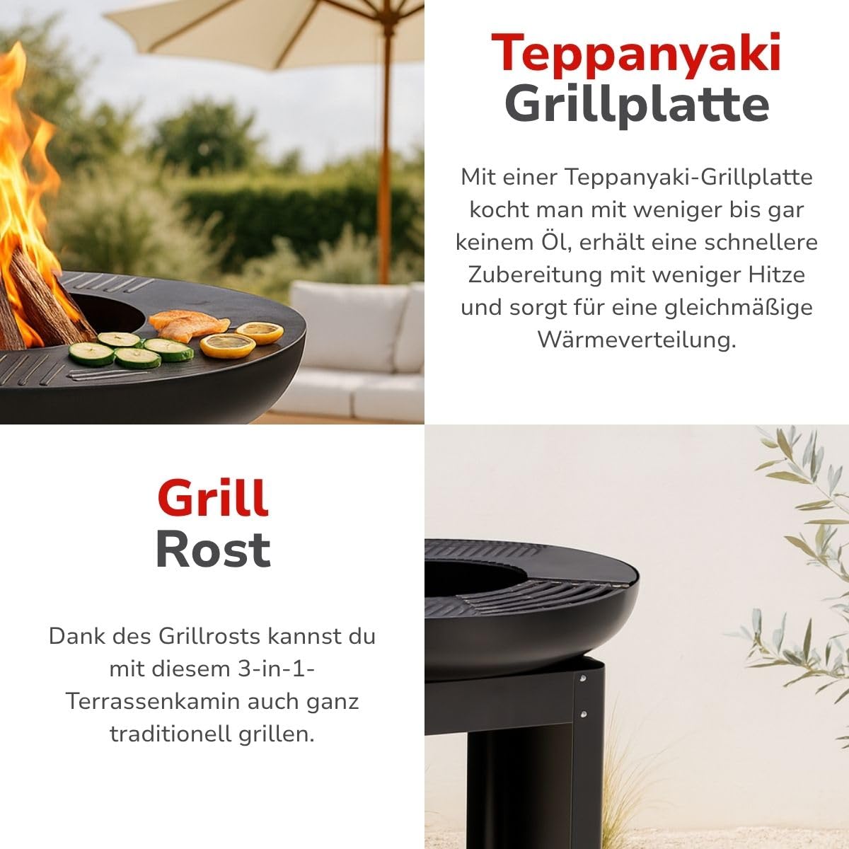 alpina 3-in-1 Feuerstelle und Grillplatte - Gartenkamin 61 x 90 cm - mit Teppanyaki-Grillplatte - Plancha Grill mit Brennholzaufbewahrung - Feuerstelle für den Außenbereich - Metall