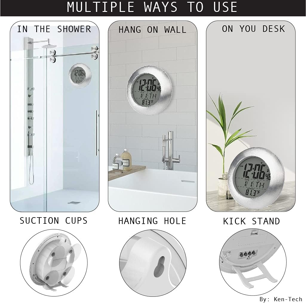 Sonnet Shower Clock for Bathroom and Kitchen - Large Digital Display Shows Time, Date, Day of The Week and Temperature. Large Suction Cups, Hanging Hole, and Kick Stand - Atomic Clock
