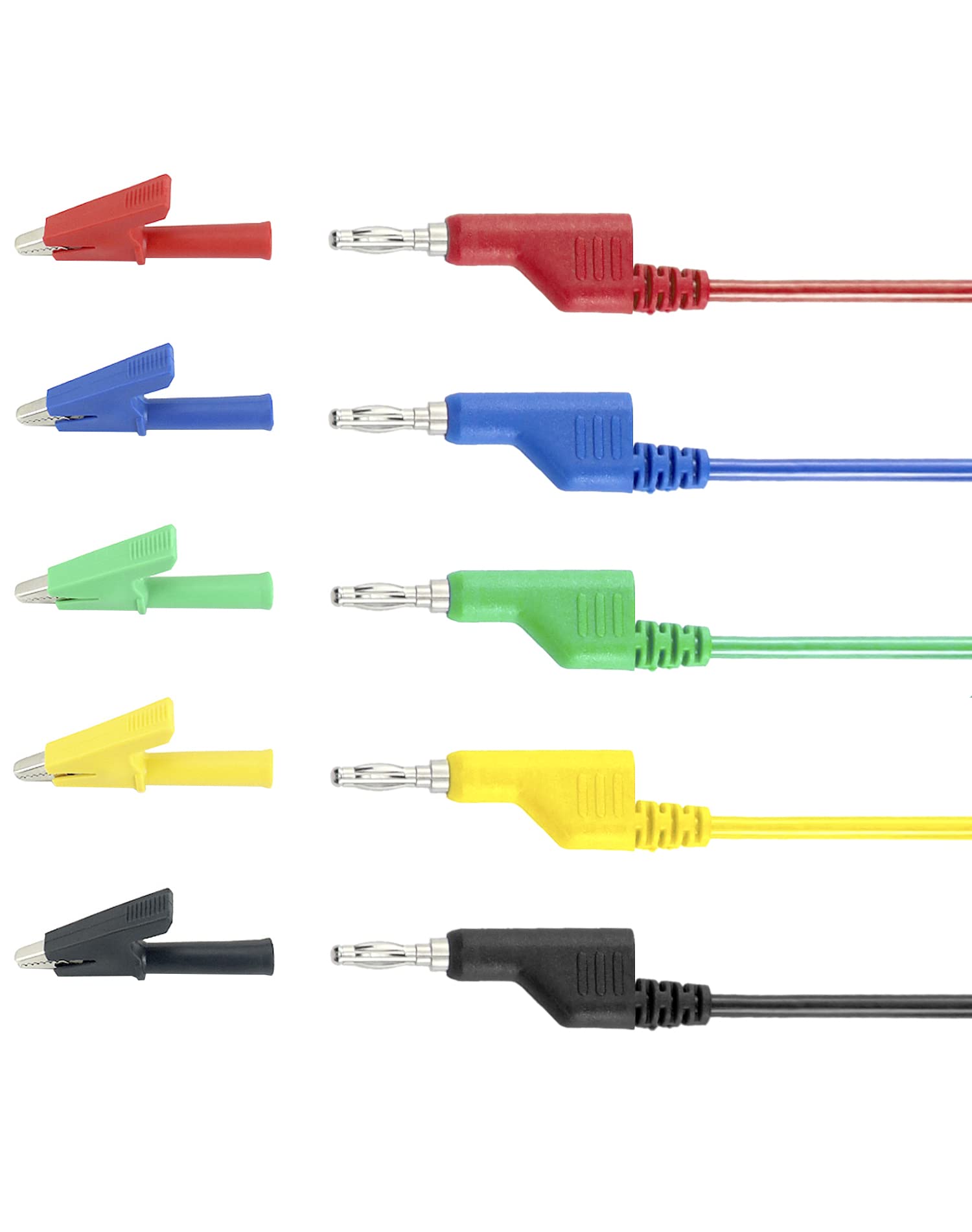 QWORK® 5 sztuk multimetr przewody pomiarowe 4mm wtyki bananowe z 10 sztuk izolowane zaciski krokodylkowe 5 kolorów do testera obwodów napięcia (19A 1000V, 5 kolorów)