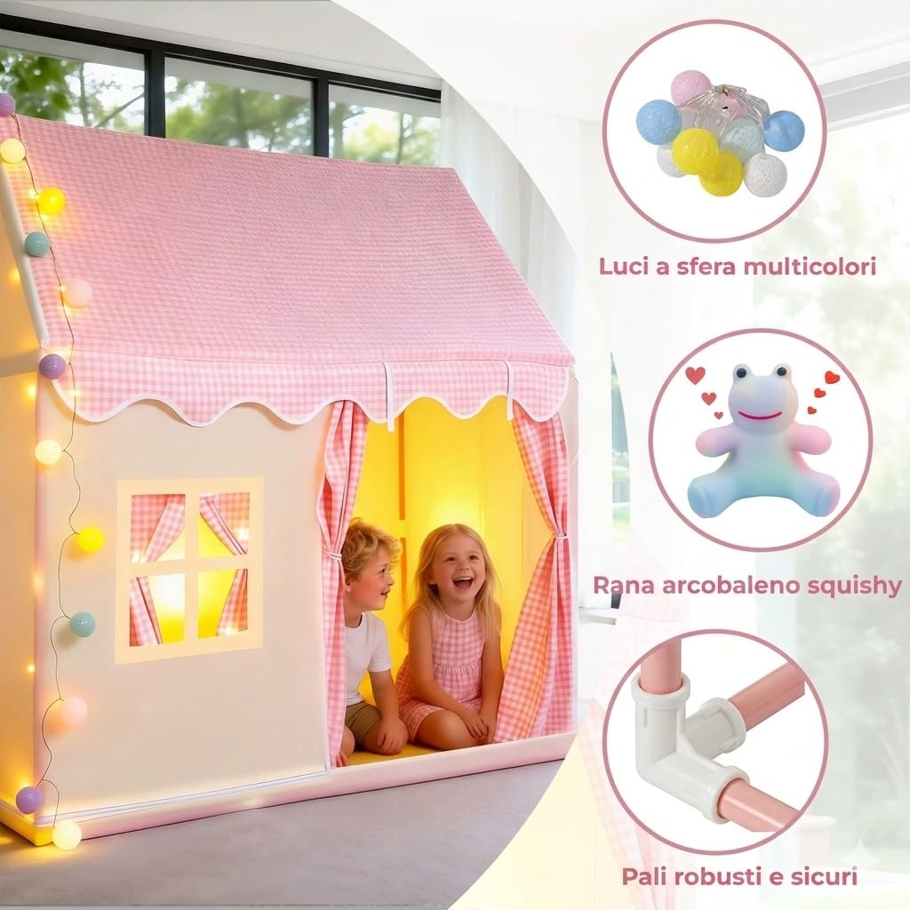 Tenda da principessa per bambine; luci colorate e rana arcobaleno giocattolo. Tenda da gioco rosa. Casetta da gioco per bambine. 120 cm di larghezza, 105 cm di profondità, 128 cm di altezza.