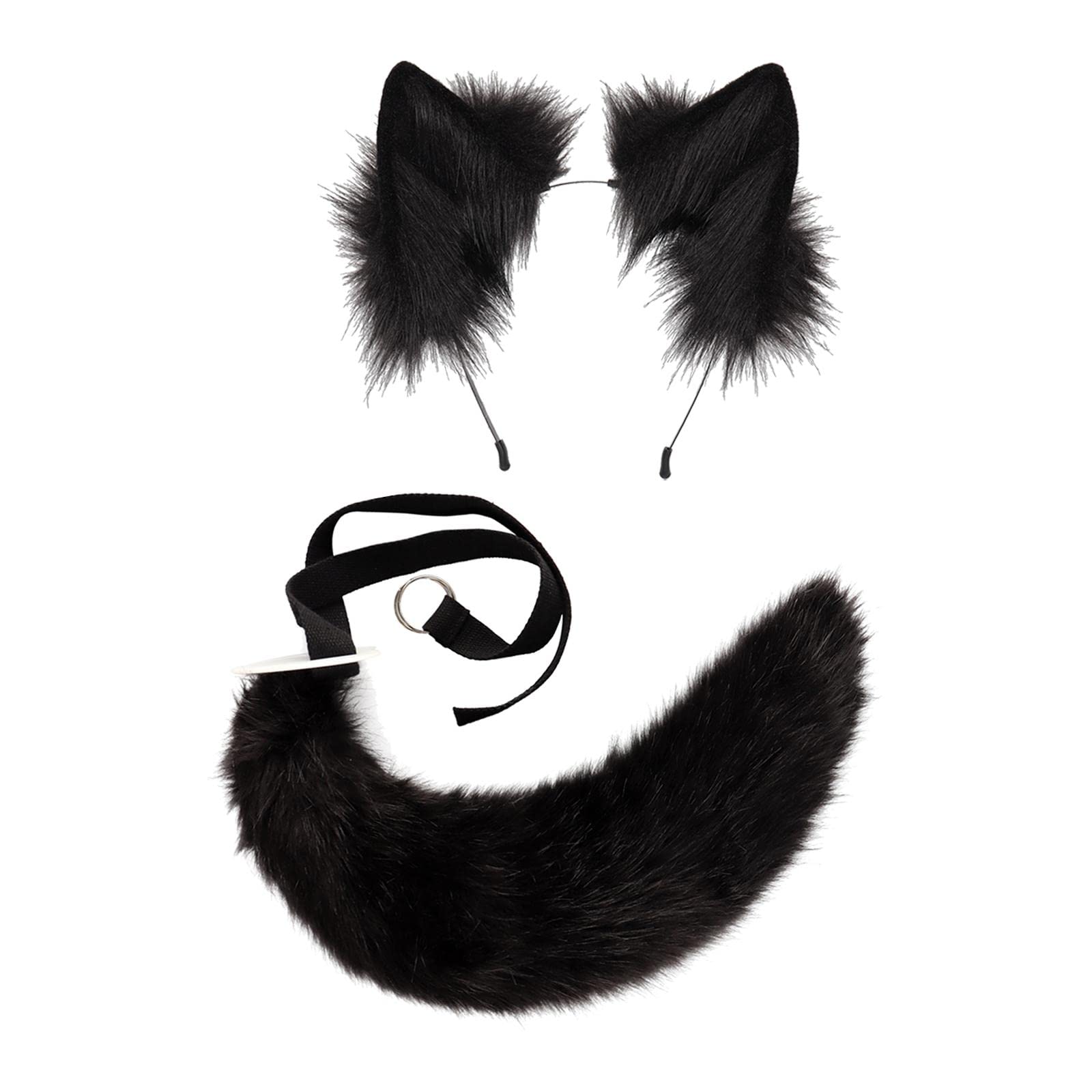 Cola de Gato de Peluche con Orejas Y Clip, Diadema de Orejas de Peluche, Conjunto de Cola para Accesorios de Disfraces de Fiesta de Halloween, Negro, Individual